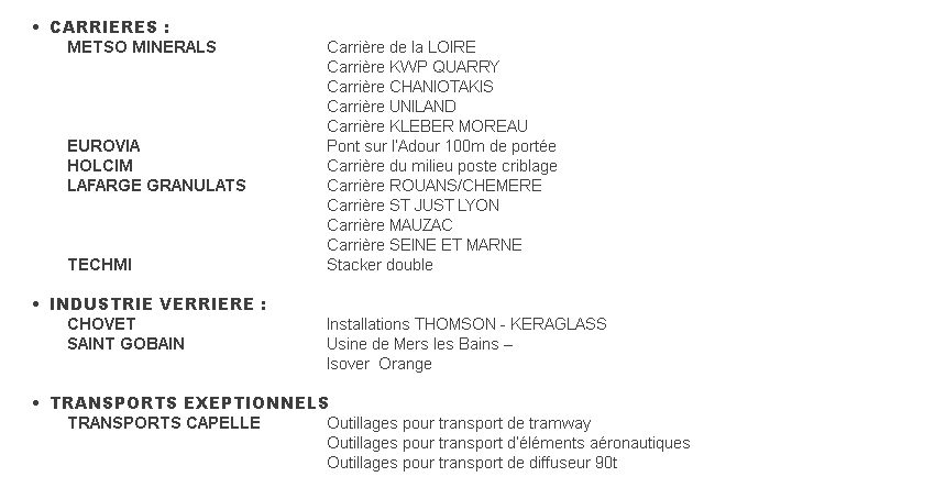   •          CARRIERES :                   METSO MINERALS                                            Carrière de la LOIRE                                                                                                                                 Carrière KWP QUARRY                                                                                                                                Carrière CHANIOTAKIS                                                                                                                                Carrière UNILAND                                                                                                                                Carrière KLEBER MOREAU                    EUROVIA                                                                          Pont sur l’Adour 100m de portée                    HOLCIM                                                                            Carrière du milieu poste criblage             LAFARGE GRANULATS                                    Carrière ROUANS/CHEMERE                                                                                                                                Carrière ST JUST LYON                                                                                                                                Carrière MAUZAC                                                                                                                                Carrière SEINE ET MARNE                    TECHMI                                                                            Stacker double    •      INDUSTRIE VERRIERE :                     CHOVET                                                                            Installations THOMSON - KERAGLASS                    SAINT GOBAIN                                                                Usine de Mers les Bains –                                                                                                                                  Isover  Orange    •      TRANSPORTS EXEPTIONNELS                    TRANSPORTS CAPELLE                    Outillages pour transport de tramway                                                                                                                                Outillages pour transport d’éléments aéronautiques                                                                                                                                Outillages pour transport de diffuseur 90t